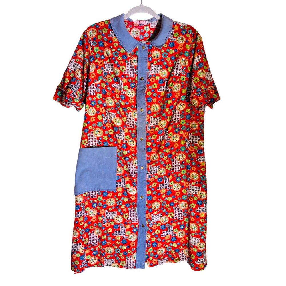 Vintage Gilead Floral Button-Down House Dress Blue Collar & Pocket Red Multicolo